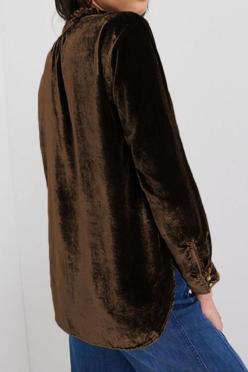 Notched Neck Buttoned Long Sleeve Velvet Blouse